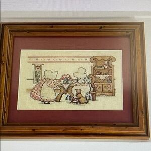 Vtg Completed Cross Stitch SunBonnet Sue By Carol Emmer In Wood Frame 11.5X10